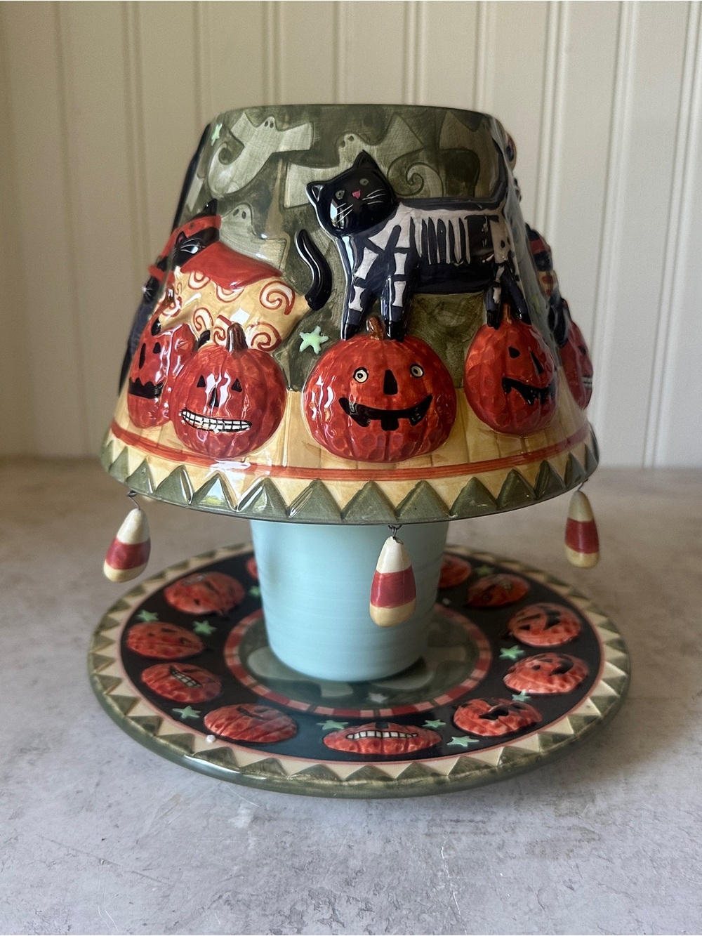 Yankee Candle Teresa Kogut Halloween Shade/Plate Black Cats In Costume ‘05 Glows